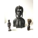 AFRICAN CARVED EBONY BUST OF A LADY; 34 CMS AND 2 SMALL WOODEN BUSTS.