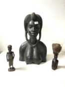 AFRICAN CARVED EBONY BUST OF A LADY; 34 CMS AND 2 SMALL WOODEN BUSTS.