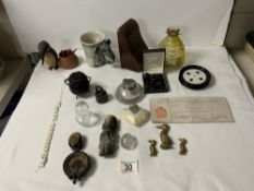 A SPELTER WOODPECKER MATCH HOLDER, GLASS INKWELL AND OTHER COLLECTABLES.