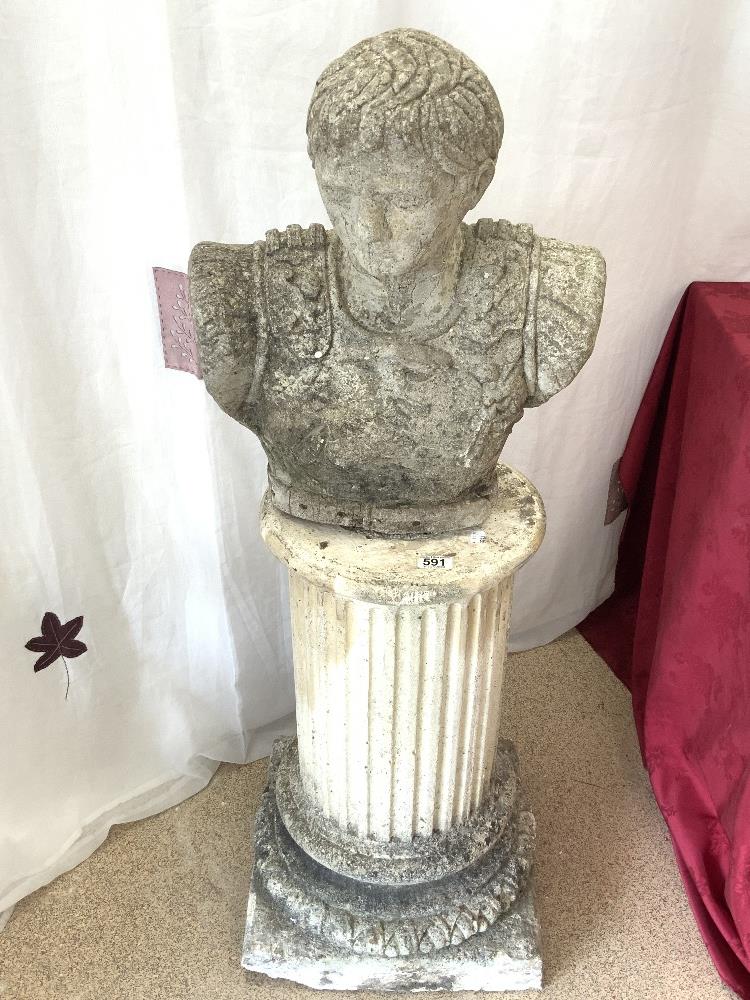 LARGE CONCETE PLINTH WITH A BUST OF A ROMAN SOLIDER TOTAL HEIGHT 123CM A/F