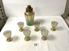 A 1940S GOLD AND GREEN TUBE LINED GLASS COCKTAIL SET.