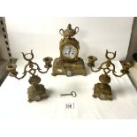 H & F OF PARIS GILT AND MARBLE MANTEL CLOCK WITH MATCHING GARNITURE; 28CM