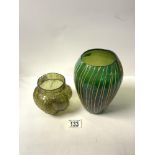 GREEN STUDIO GLASS VASE WITH LINE DECORATION; 20 CMS AND IRIDESCENT GLASS VASE.
