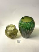 GREEN STUDIO GLASS VASE WITH LINE DECORATION; 20 CMS AND IRIDESCENT GLASS VASE.