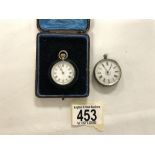 TWO VICTORIAN ENGRAVED SILVER CASE FOB WATCHES, 1 WITH ORIGINAL LEATHER CASE.