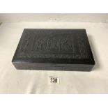 BLACK LEATHER EMBOSSED DECORATED SECTIONAL CIGARETTE BOX.