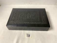 BLACK LEATHER EMBOSSED DECORATED SECTIONAL CIGARETTE BOX.