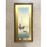 J.M MONOGRAMED WATERCOLOUR OF BOATS AT SEA FRAMED AND GLAZED 60 X 29CM