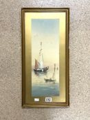 J.M MONOGRAMED WATERCOLOUR OF BOATS AT SEA FRAMED AND GLAZED 60 X 29CM