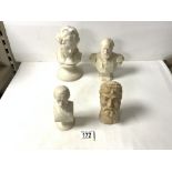 A PARIAN WARE BUST OF CHRIST, 22 CMS AND 3 OTHER SMALL BUSTS.