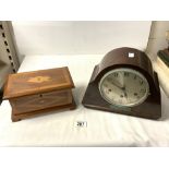 MAHOGANY AND SATINWOOD INLAID JEWELLERY BOX, AND A 1930s WALNUT MANTLE CLOCK.