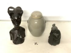 MIXED ITEMS LLADRO, AFRICAN CARVED BUST AND A CRACKLE GLAZED LIDDED POT
