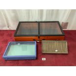 VINTAGE WOODEN AND PERSPEX TABLE TOP DISPLAY CABINET 40 X 72 WITH TWO OTHER SMALL DISPLAY BOXES