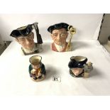 TWO ROYAL DOULTON CHARACTER JUGS " GUNSMITH " AND " GAOLER " AND 2 SMALLER JUGS " TAMO SHANTER " AND