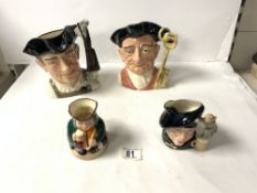 TWO ROYAL DOULTON CHARACTER JUGS " GUNSMITH " AND " GAOLER " AND 2 SMALLER JUGS " TAMO SHANTER " AND