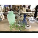 SCANDANAVIAN GREY GLASS BOTTLE DECANTER, 39 CMS, SILVER TOPPED POWDER JAR AND OTHER COLOURED