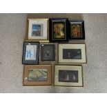 FOUR INDIAN FRAMED PICTURES, TWO LAQUERED RELIGIOUS SCENES ON PANELS AND TWO PRINTS, 29X39 CMS