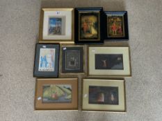 FOUR INDIAN FRAMED PICTURES, TWO LAQUERED RELIGIOUS SCENES ON PANELS AND TWO PRINTS, 29X39 CMS