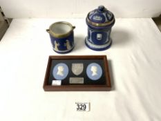 WEDGWOOD SILVER RIMED LIDDED POT; 15CM WITH OTHER WEDGWOOD PIECES