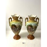 A PAIR OF LATE VICTORIAN CERAMIC VASES, DECORATED WITH SHIRE HORSES AT FARM COTTAGE, 33 CM.