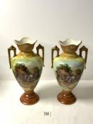A PAIR OF LATE VICTORIAN CERAMIC VASES, DECORATED WITH SHIRE HORSES AT FARM COTTAGE, 33 CM.