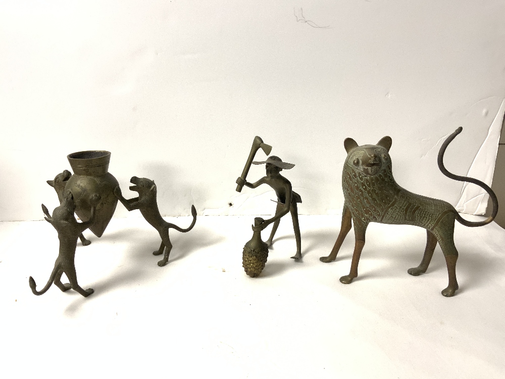 VINTAGE BENIN BRONZE FIGURES OF LION AND WORK MEN. - Image 3 of 4