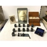 MICROSCOPE SLIDES IN FITTED MAHOGANY BOX, NATURAL HISTORY MUSEUM PLASTIC GORILLA MOULD, THE HOLOKIEN