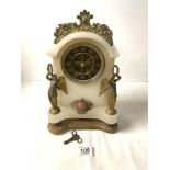 NINETEENTH CENTURY FRENCH ALABASTER MANTEL CLOCK WITH GILT METAL WINGED ANGEL SURMOUNTED FIGURES AND