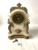 NINETEENTH CENTURY FRENCH ALABASTER MANTEL CLOCK WITH GILT METAL WINGED ANGEL SURMOUNTED FIGURES AND