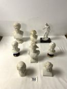THREE SMALL PARIAN WARE BUSTS OF NAPOLEON, BACH, BYRON, AND 3 OTHERS.