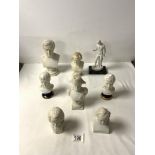 THREE SMALL PARIAN WARE BUSTS OF NAPOLEON, BACH, BYRON, AND 3 OTHERS.
