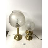 TWO BRASS OIL LAMP CONVERSIONS TO ELECTRIC LAMPS, WITH ETCHED GLASS SHADES.