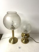 TWO BRASS OIL LAMP CONVERSIONS TO ELECTRIC LAMPS, WITH ETCHED GLASS SHADES.