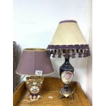 TWO FRENCH PORCELAIN TABLE LAMPS DECORATED WITH FLOWERS AND BIRDS. 1 A/F.