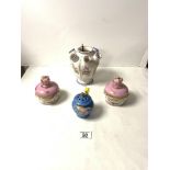 CONTINENTAL PORCELAIN TULIP VASE DECORATED WITH FLOWERS; 17 CMS, PAIR FRENCH PORCELAIN POTS AND BLUE