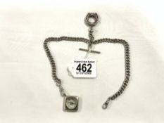 VICTORIAN HALLMARKED SILVER CURB LINK WATCH CHAIN, WITH COMPASS AND HORSESHOE FOB, 38 CMS.