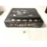 ORIENTAL BLACK LACQUER AND MOTHER O PEARL INLAID SECTIONAL COLLECTORS BOX; 34X28 CMS.