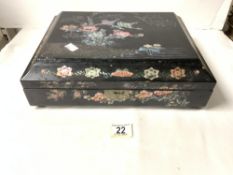 ORIENTAL BLACK LACQUER AND MOTHER O PEARL INLAID SECTIONAL COLLECTORS BOX; 34X28 CMS.