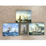 THREE OIL ON PANELS OF SAILING SHIPS, AND PRINT OF A SAILING SHIP, 26X20 LARGEST.