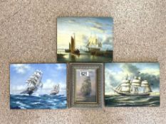 THREE OIL ON PANELS OF SAILING SHIPS, AND PRINT OF A SAILING SHIP, 26X20 LARGEST.