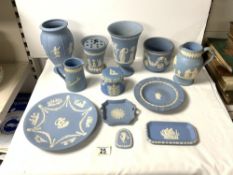 FOUR WEDGWOOD BLUE AND WHITE JASPER WARE VASES; TALLEST 20 CMS, A/F AND TWO JUGS ETC.