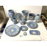 FOUR WEDGWOOD BLUE AND WHITE JASPER WARE VASES; TALLEST 20 CMS, A/F AND TWO JUGS ETC.
