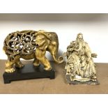 RESIN FIGURE OF CHINESE EMPEROR ON DRAGON THRONE, 26 CMS, AND A RESIN FIGURE OF ELEPHANT.