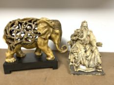 RESIN FIGURE OF CHINESE EMPEROR ON DRAGON THRONE, 26 CMS, AND A RESIN FIGURE OF ELEPHANT.