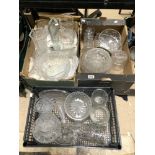 CUT CRYSTAL GLASS FRUIT BOWLS, VASES, WATER JUG, AND OTHER GLASSWARE.