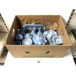 QUANTITY OF WEDGWOOD BLUE AND WHITE JASPER WARE - INCLUDES CANDLESTICK; 13 CMS, TEAPOT, SUGAR BOWL