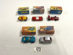 FIVE MATCHBOX TOY CARS IN BOXES - PONTIAC FIREBIRD, STANDARD JEEP, TEAM MATCBOX RACING CAR, 57 T-