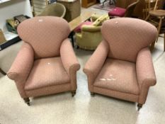 PAIR OF VICTORIAN HOWARD STYLE UPHOLSTERED ARMCHAIRS.