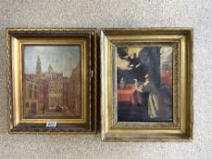 A 19TH-CENTURY OIL ON CANVAS OF A CATHOLIC PRIEST MAKING AN OFFERING TO AN ANGEL IN A GILT FRAME,