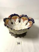 LARGE VICTORIAN PORCELAIN BOWL WITH A HALLMARKED SILVER BASE BY WALKER AND HALL; DATED 1898 27CM